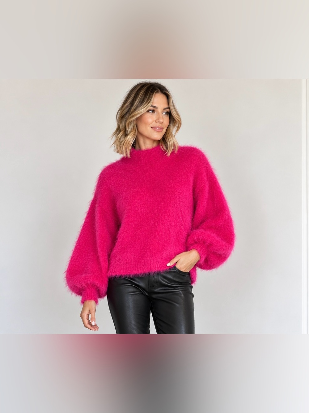 Line + Dot Alder Fuzzy Sweater Hot Pink Balloon Sleeve Size L